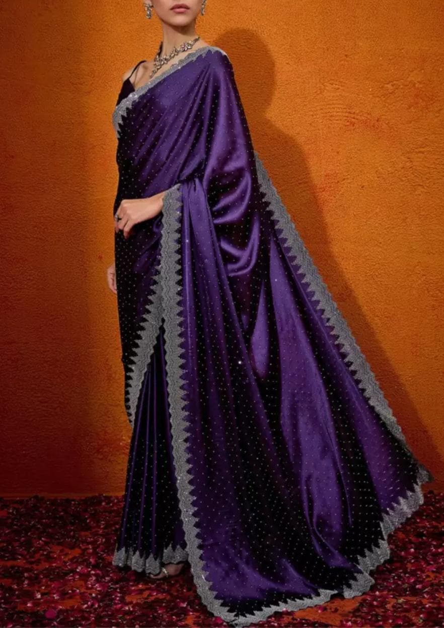 Purple & Silver Satin Saree with Beads Stones Embellishments Luxurious Drape for Weddings Special Occasions Ideal Gift for Mom Wife Sister