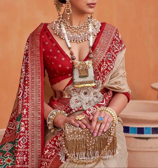 Cream & Red Patola Silk Bridal Saree with Heavy Zari Woven Design, Unstitched Blouse Piece and FREE Petticoat Ideal Wedding Saree for Women