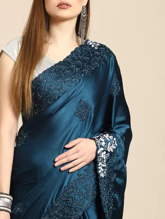 Blue Floral Embroidered Satin Saree with Woven Design Border Soft Silk Drape for Wedding Pooja Wear Elegant Indian Attire Ideal Gift for Her
