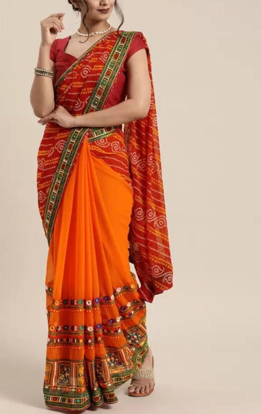 Red Orange Embroidered Pure Georgette Bandhani Saree Ethnic Wedding Wear Lightweight Traditional Saree for Women for Pooja Bridal Events