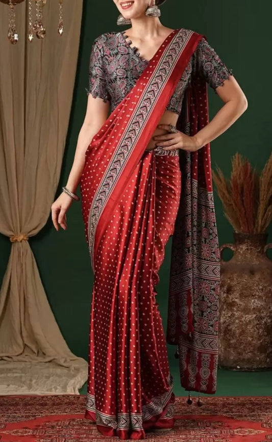 Red Black Bandhani Pure Crepe Saree with Traditional Ethnic Print Decorative Border Lightweight Indian Wear Weddings Pooja Festive Occasions