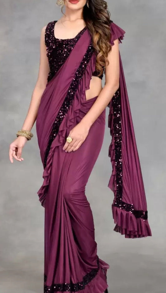 Emblished Sequinned Saree With Ruffles, Lycra Purple saree, Solid saree with embellished border  Free Matching Petticoat