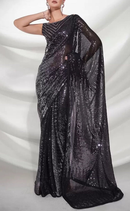 Embellished Sequinned Pure Georgette Saree, Black and silver saree, Embellished saree with embellished border, Saree With FREE Petticoat