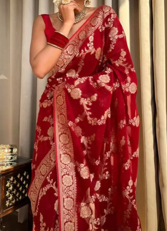Red and gold-toned kanjeevaram saree, Woven Design Zari Pure Silk Kanjeevaram Saree, woven design border, Perfect Gift Christmas