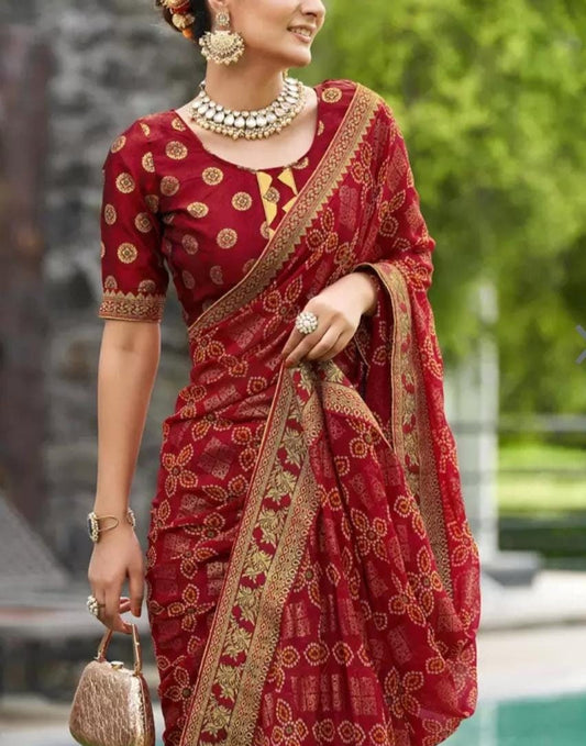 MAROON Bandhani Pure Georgette Saree with Gold Zari Border | FREE Matching Petticoat | Ideal for Festive Occasions & Wedding Party