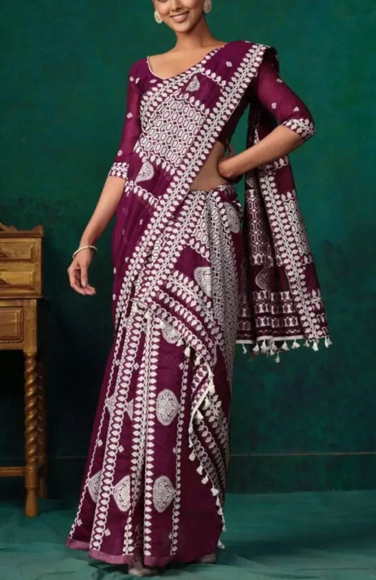 COTTON Blend PURPLE and white Muga saree, Assamese Mekhela Chador Sari With Blouse Piece, Ethnic motifs woven design sari with FREE Peticoat