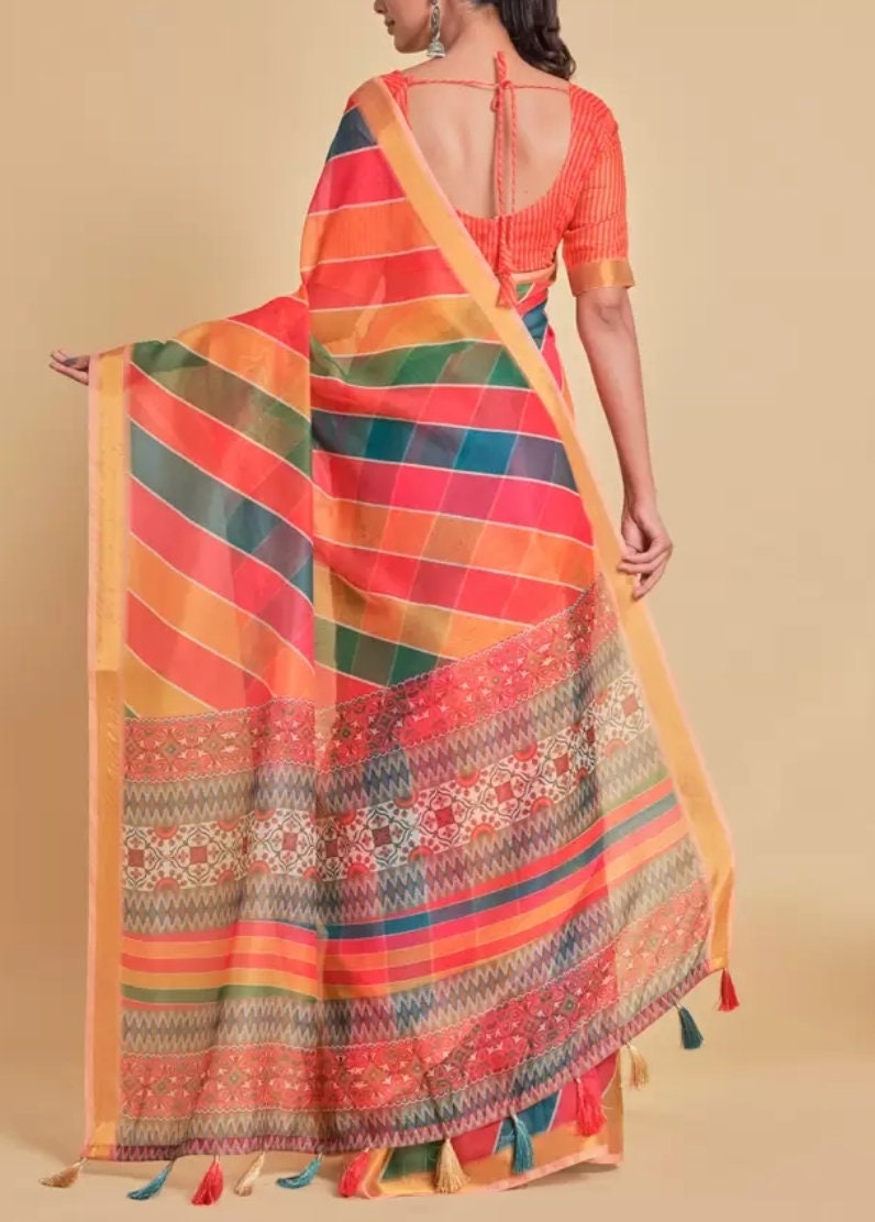 Zari border Orange & Green Printed Pure Cotton Saree, Geometric printed saree with solid border, Saree with FREE Matching Petticoat