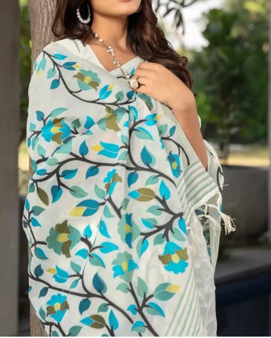 WHITE & BLUE Woven Design Pure Cotton Jamdani Saree, Woven design saree with woven design border, Saree FREE Matching Petticoat