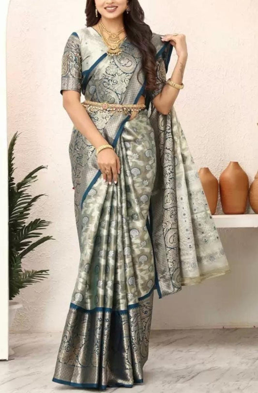 Elegant Grey Gold Kanjeevaram Silk Saree with Floral Zari Woven Border Premium Tissue Finish for Indian Weddings Traditional Celebrations