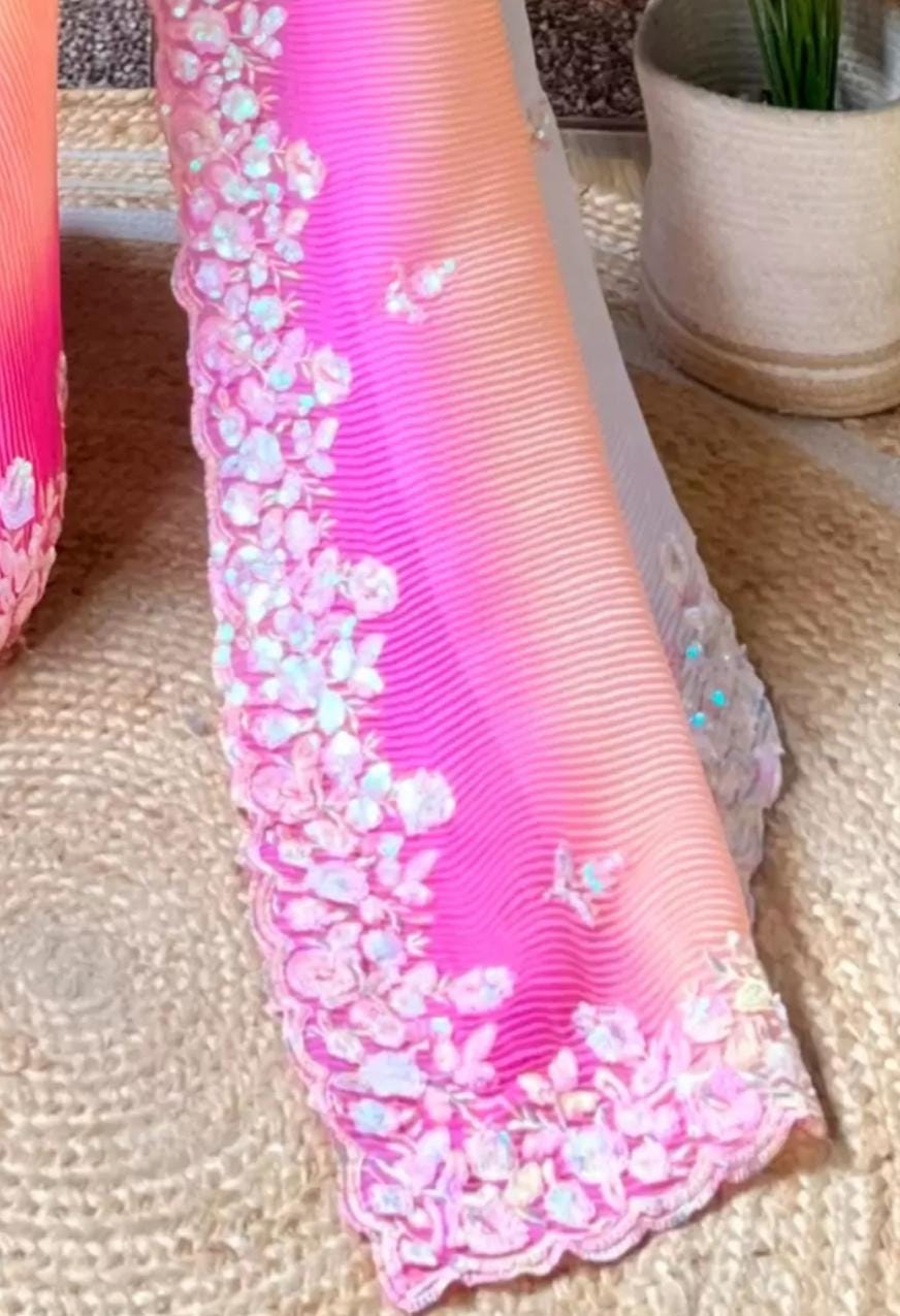 Blue Poly Georgette Saree with Ethnic Motif Embroidery Sequinned Embellished Border Color Block Design Ideal for Weddings Festive Events