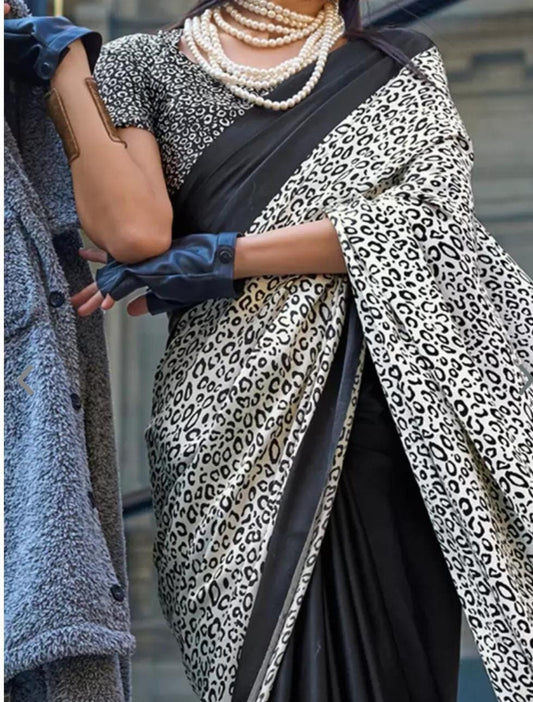 Elegant Black White Ethnic Motif Printed Saree with Solid Border Ideal for Partywear Festive Events Indian Traditional Fashion