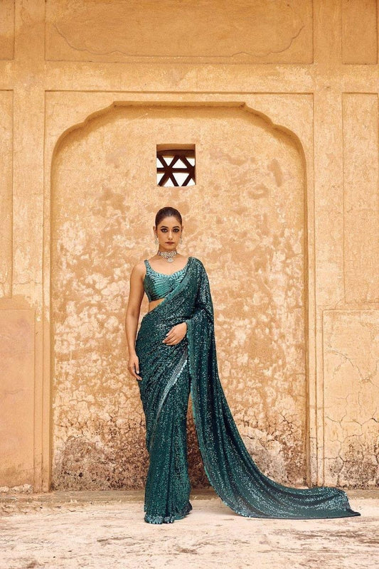 Blue Sequined Georgette Saree with Embellished Border Ideal for Weddings Pooja Festive Occasions Saree Wedding Wear Traditional Indian Saree
