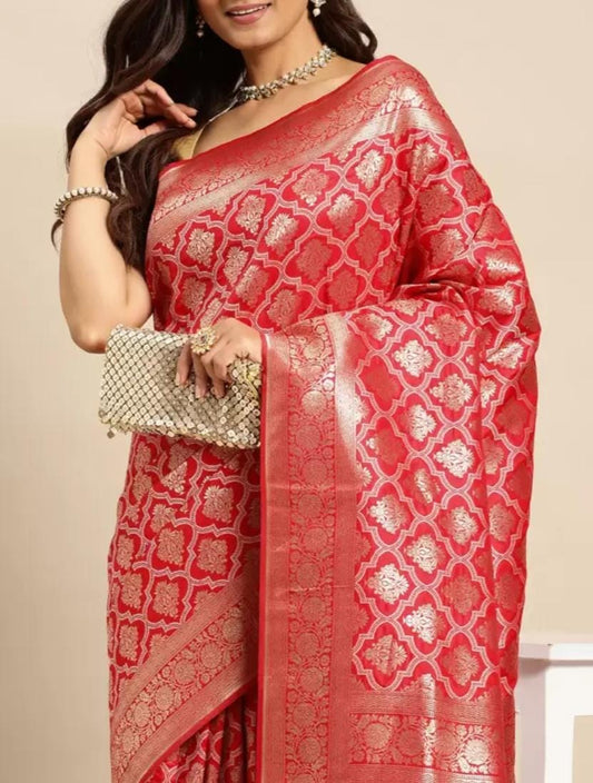 Red Ethnic Motifs Zari Pure Silk Kanjeevaram Saree with FREE Matching Petticoat Elegant Bridal Saree Ideal for Weddings Indian Celebrations