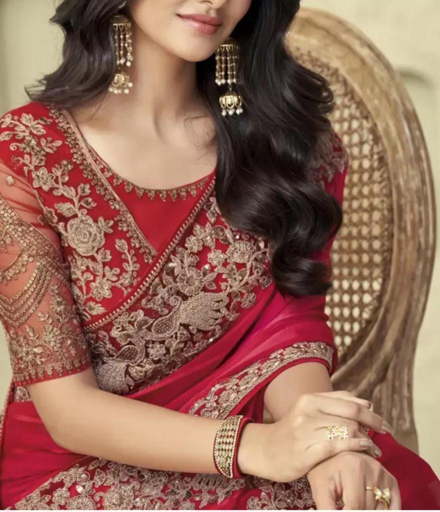 Pink Gold Toned Pure Georgette Saree with Embellished Border & Jacket Elegant Designer Saree with FREE Petticoat for Party Wedding Wear