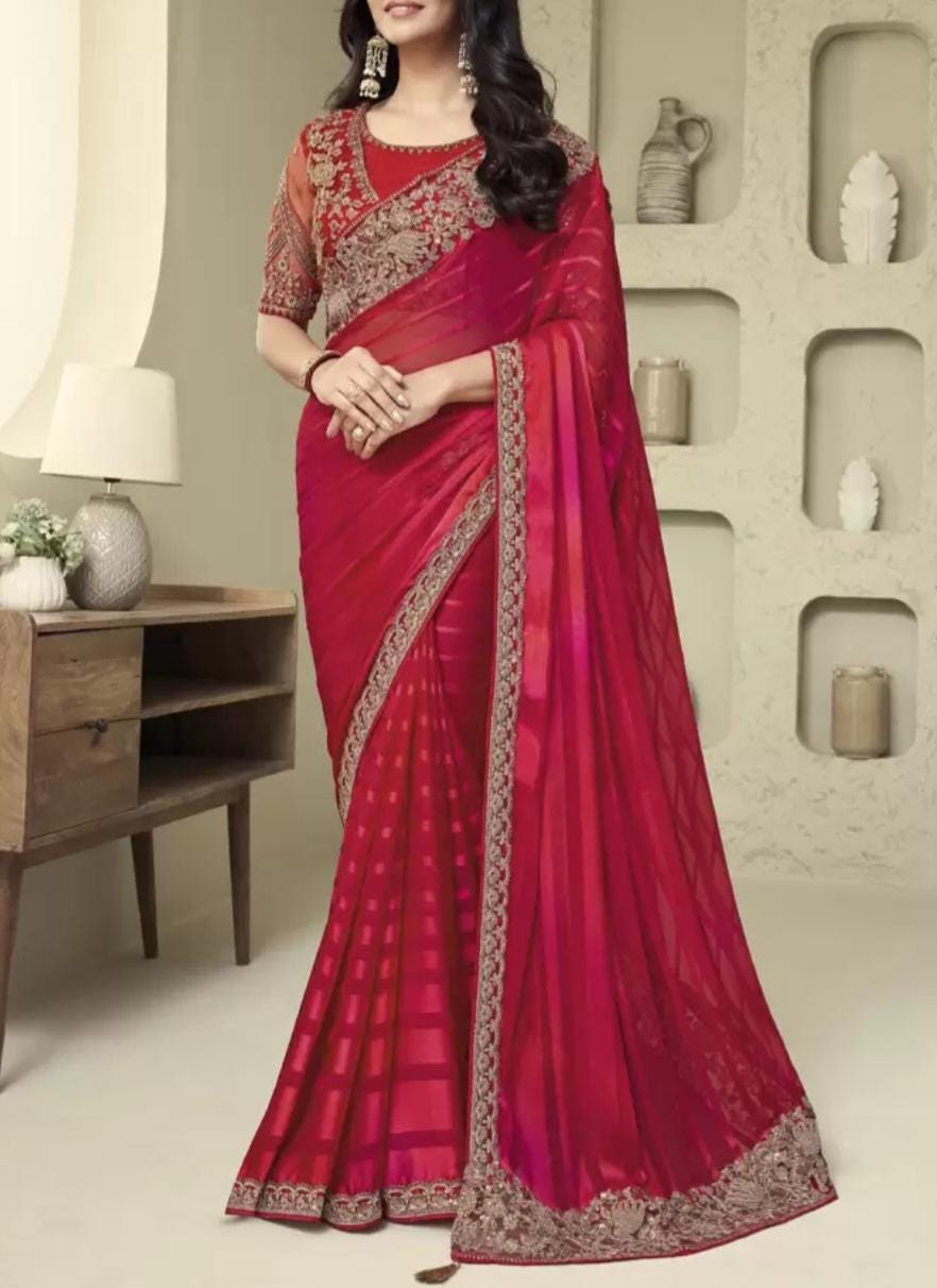 Pink Gold Toned Pure Georgette Saree with Embellished Border & Jacket Elegant Designer Saree with FREE Petticoat for Party Wedding Wear
