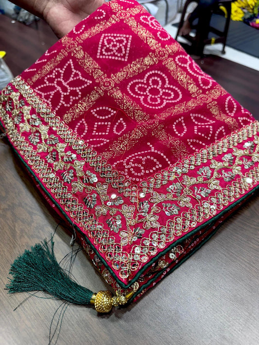 Georgette Bandhani Saree with Beautiful Print & SEQUIN Lace Border | Traditional Indian Saree with FREE Petticoat Festive  Party Wear Saree