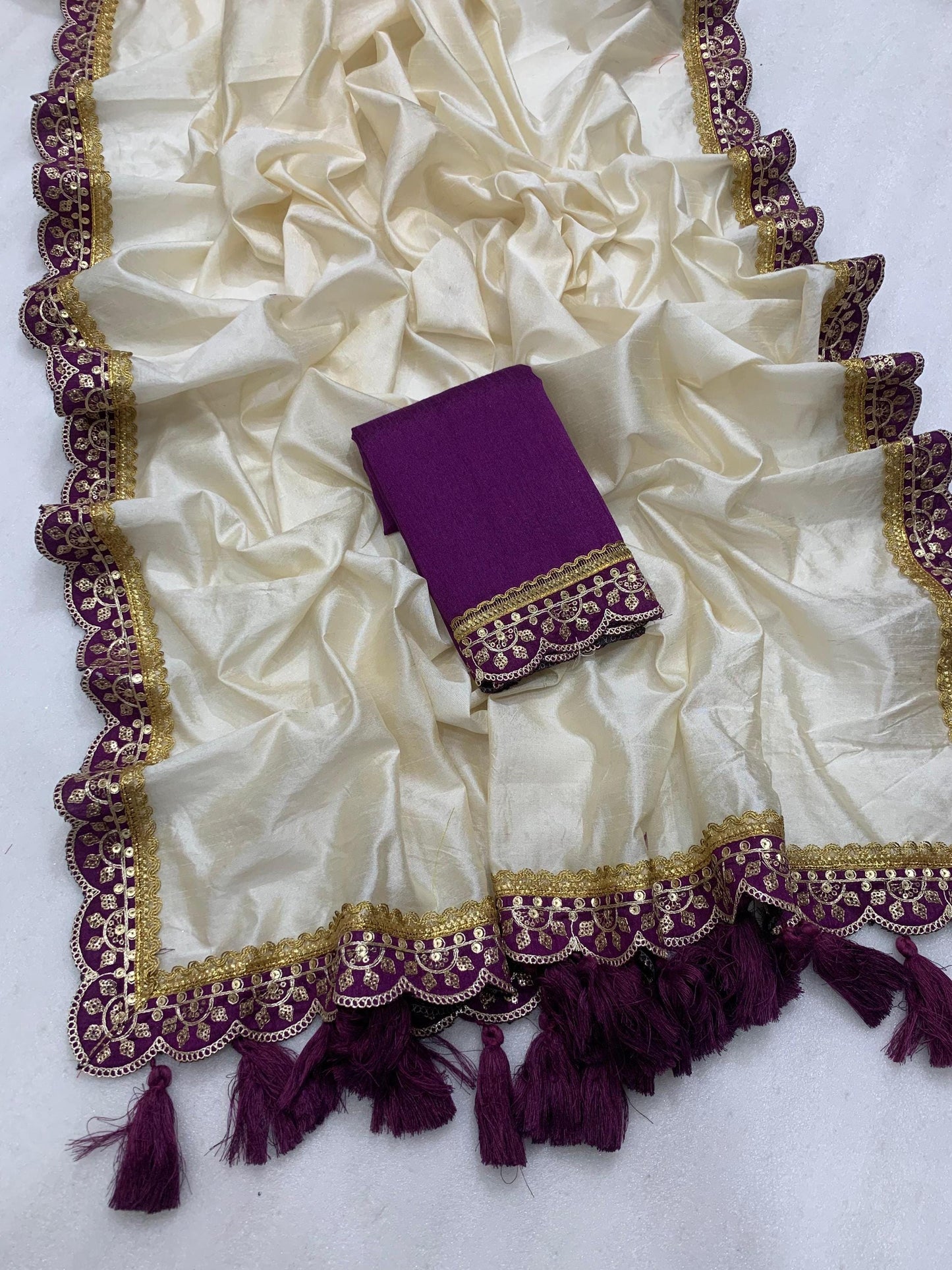Soft Tussar Silk Purple & Off-White Saree with EMBROIDERY, Lace Border and Cutwork | TASSELS on Pallu FREE Matching Elegant Party Wear Sari