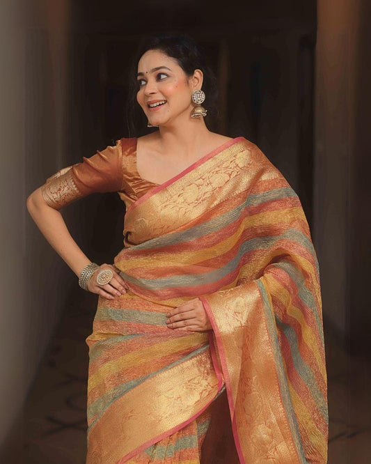 Elegant Saree Zari Border & Rainbow Design | Tissue Fabric All Over Body with Designer Pallu | Festive, Party and Indian Traditional Sari