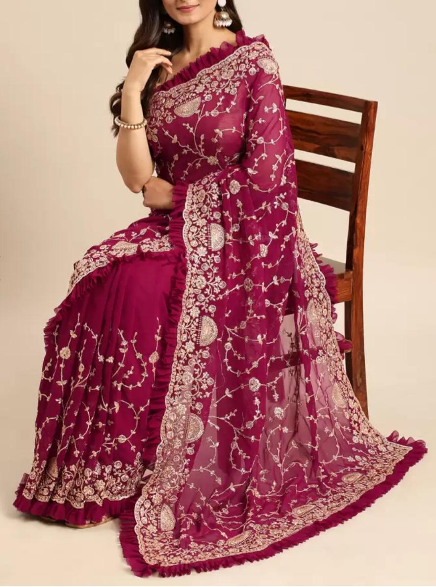 Ruffled Burgundy Gold Toned Floral Zari Georgette Saree Elegant Embroidered Design Ideal for Weddings Pooja Traditional Occasions