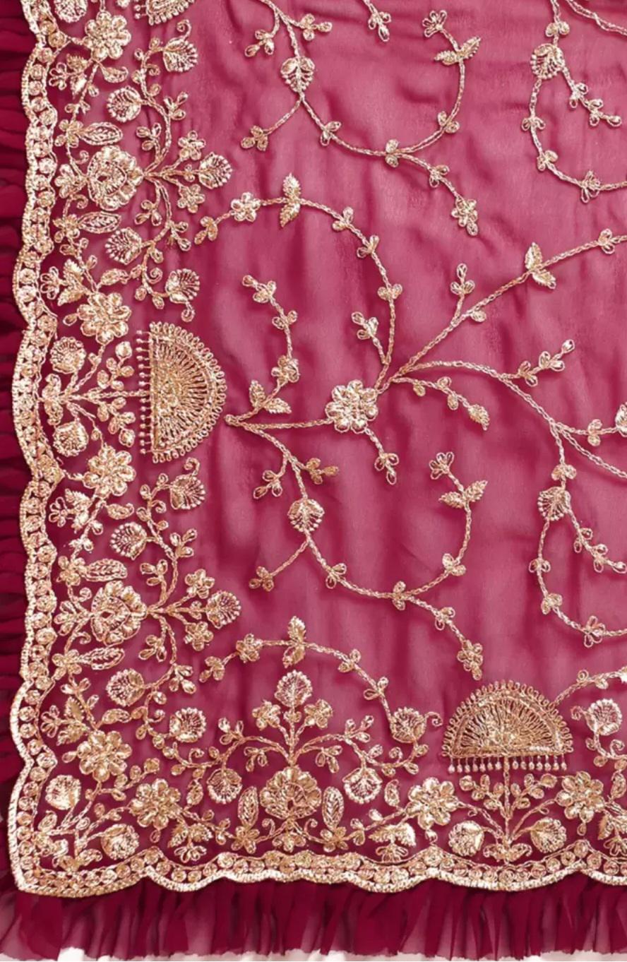 Ruffled Burgundy Gold Toned Floral Zari Georgette Saree Elegant Embroidered Design Ideal for Weddings Pooja Traditional Occasions