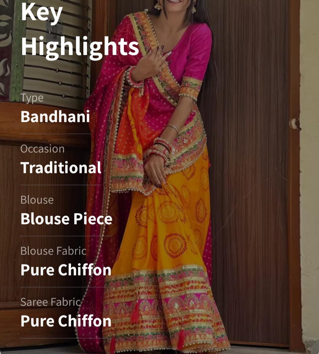 Orange and Pink Printed & Embroidered Pure Chiffon Bandhani Saree, with embroidered border, FREE Matching Petticoat.