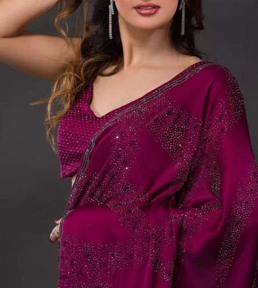 Maroon and Silver Poly Crepe Saree with Stone Embellishments Elegant Blouse Piece – Perfect for Weddings Parties Festive Occasions