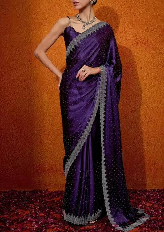 Purple & Silver Satin Saree with Beads Stones Embellishments Luxurious Drape for Weddings Special Occasions Ideal Gift for Mom Wife Sister
