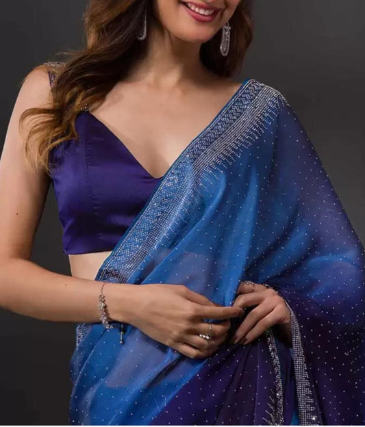Navy Blue & Silver Embroidered Saree Party Wedding Guest Wear FREE Matching Petticoat Elegant Lightweight Design
