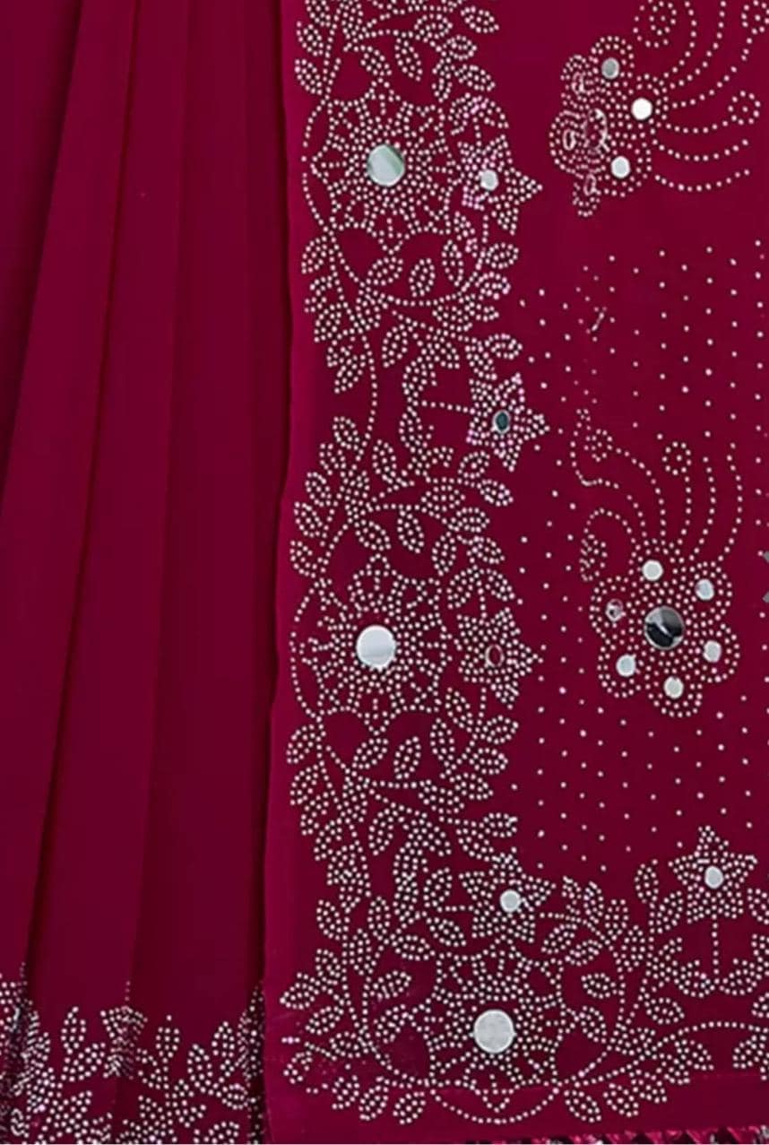 Mirror Work Pure Georgette Saree in Pink Magenta with Embroidered Border Includes Free Petticoat Ideal for Weddings Pooja Ethnic Wear
