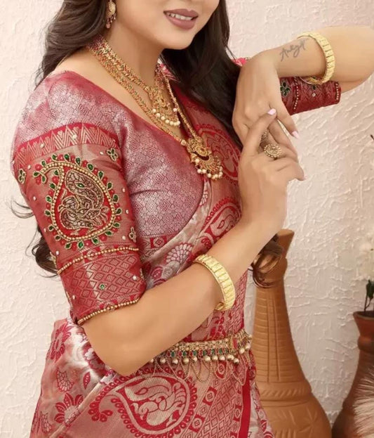 Pink & Silver-Toned Kanjeevaram Saree Floral Zari Tissue Woven Design Border FREE Matching Petticoat Traditional Indian Wedding Bridal Wear