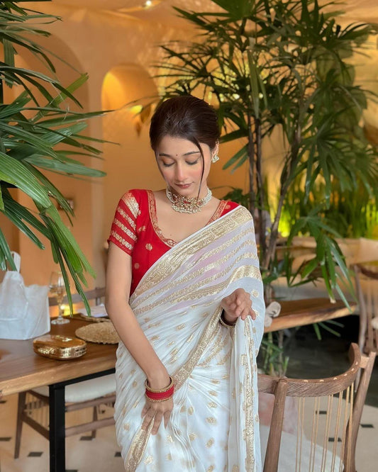 Red and White Viscose Georgette SAREE with Contrast Blouse and Free PETTICOAT Perfect for FESTIVE and Party Wear
