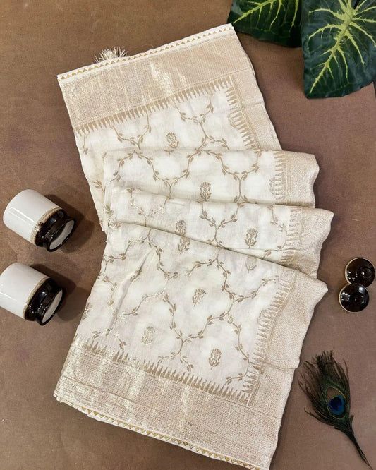 WHITE Pure Soft Russian Silk Saree with Finest ZARI Weaving Pallu, JACQUARD Woven Border, and Vijaya Piping Border with Butti Weaving Blouse