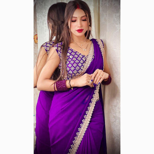 PURPLE Heavy Georgette Sari with SEQUENCE Work & CUT Work Border, Luxurious Drape for Special Occasions, Ideal Gift for Mom, Wife, Sister