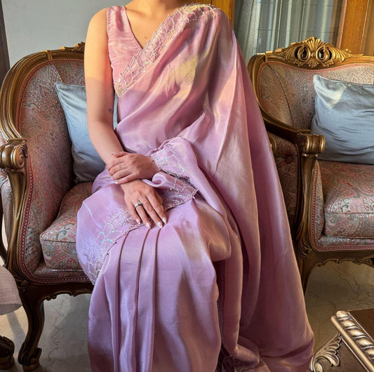 Light Pink Silk Saree with Intricate Rainbow Sequins, Matching Blouse, Perfect for Special Occasions and Celebration