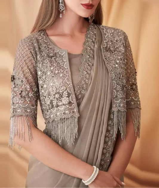 Elegant Grey & Silver Georgette Saree with Beads and Stones Embellishments Includes Jacket and Blouse Perfect for Weddings and Parties
