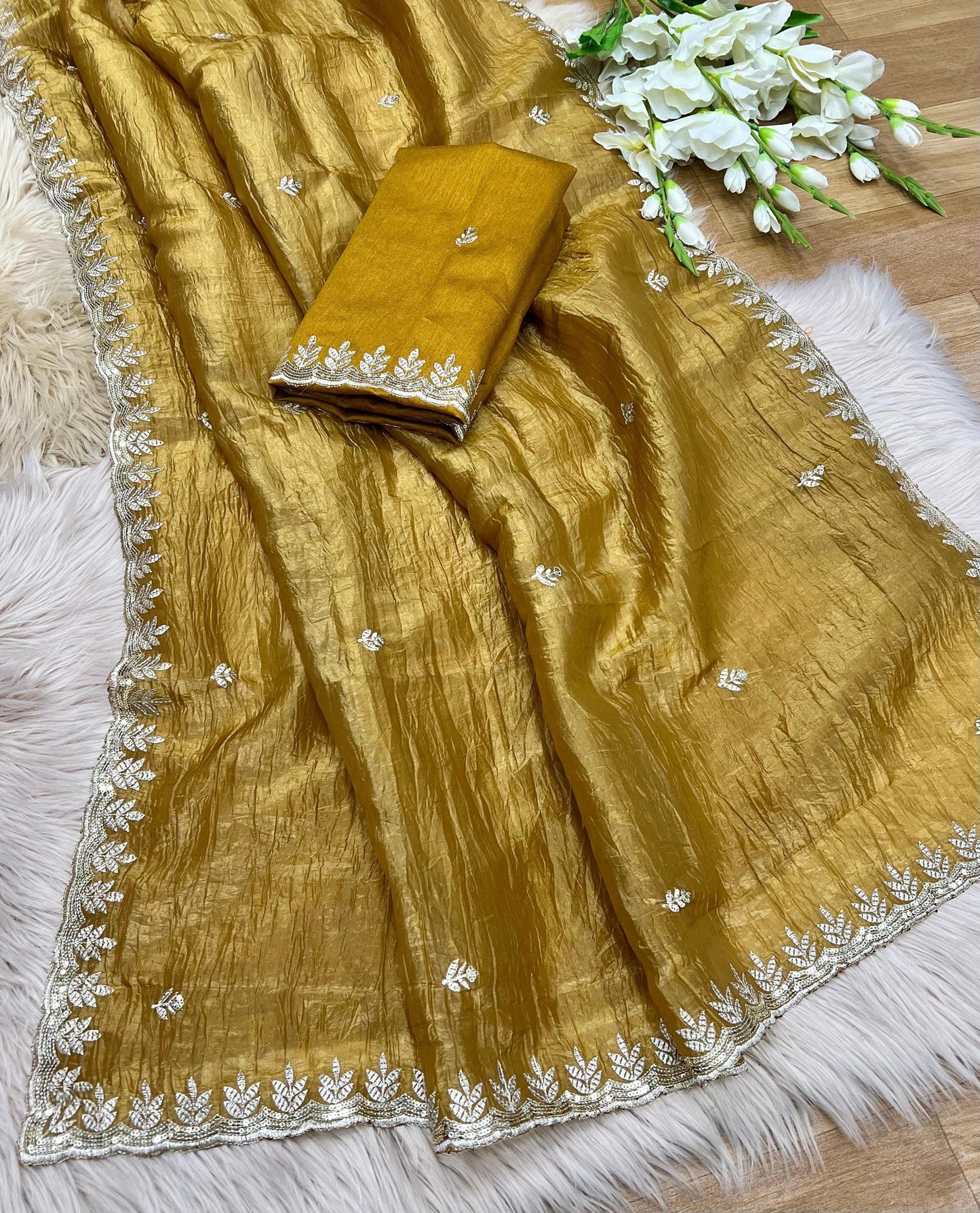 Pink Tissue Silk Saree with Gold Crush | Elegant Sequin & Thread Embroidery | Christmas Gift, Traditional Indian Wedding Bridal Wear