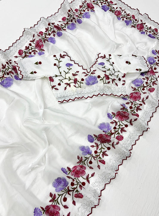 Silk Saree with Sequin and Zari Floral Embroidery Party Wear with Stitched Blouse Perfect Christmas Gift for Mom Wife Sister Special Occasio
