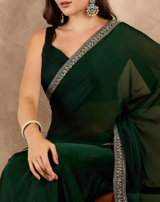 Solid Green Satin Saree with Gold-Toned Zari Border | Free Matching Petticoat | Perfect for Weddings & Festive Occasions