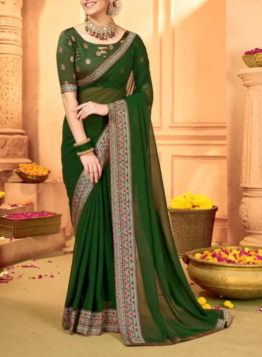 Elegant Green Gold Toned Pure Georgette Saree with Woven Design Border Blouse Piece FREE Matching Petticoat for Weddings Festive Occasions