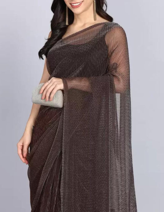 Brown Lycra Bollywood-Style Saree for Women, Plain Party/Casual Wear with FREE Petticoat