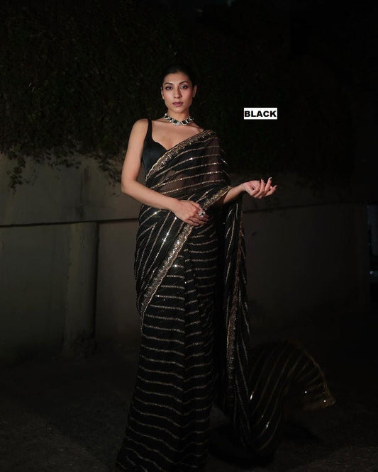 Black Sequined Work Georgette Saree with Detailed Border Ideal for Wedding Wear Pooja Wear Festive Occasions