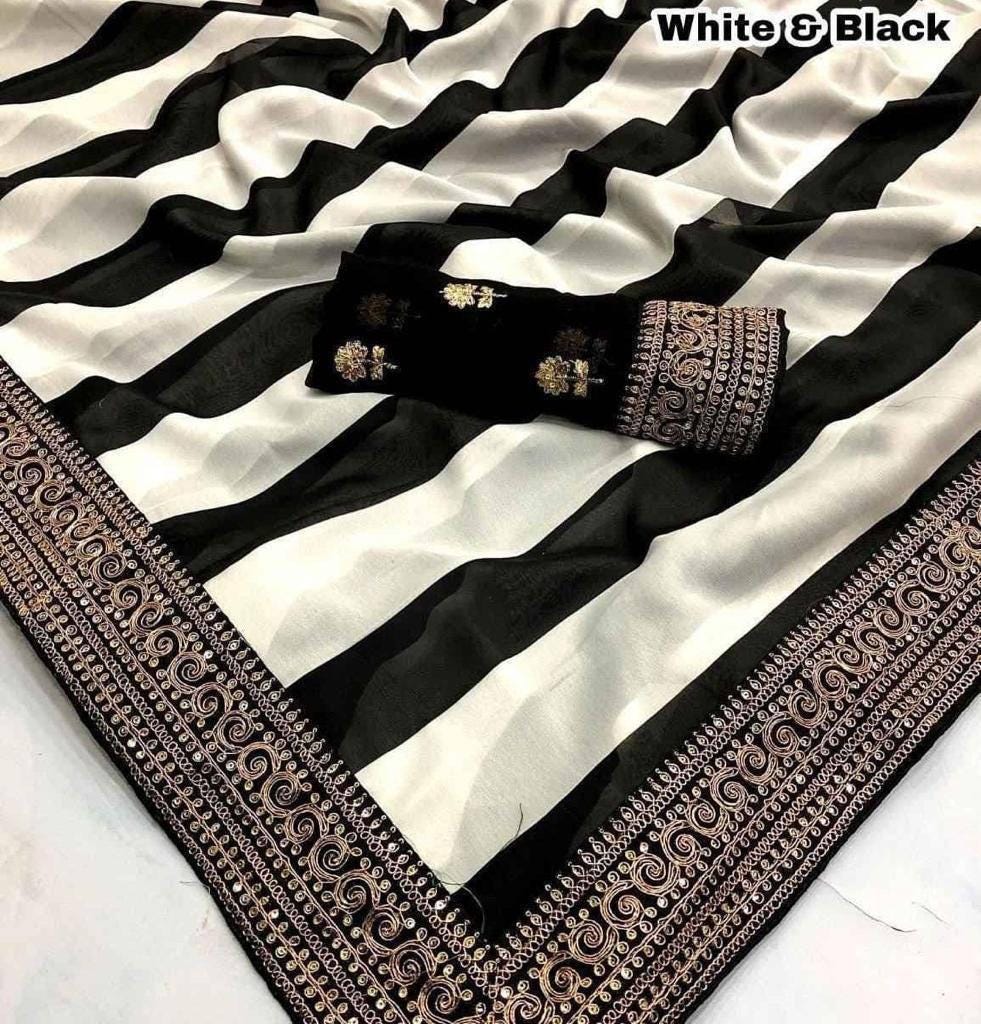 Black White Georgette Saree with Embroidered Border for Bridal Wedding Pooja Ethnic Traditional Wear Lightweight Bollywood Saree for Women