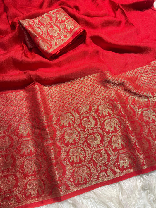 Red Viscose Saree with Jacquard Elephant Design Border and Blouse Piece Saree, Luxury Wedding Reception Wear Saree, Best Christmas Gift