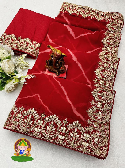 Bridal Perfection! Red Georgette Saree with Intricate Codding & Gota Patti Work - A Must-Have for Christmas Gift and Special Occasions