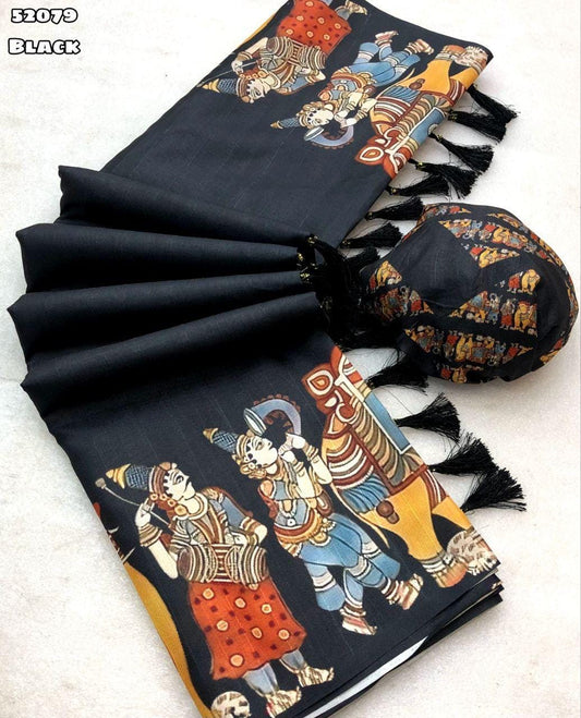 Black Tussar Silk Saree with Kalamkari Digital Print, Tassel Pallu, Printed Blouse Elegant Ethnic Wear for Wedding & Parties, Christmas Gift