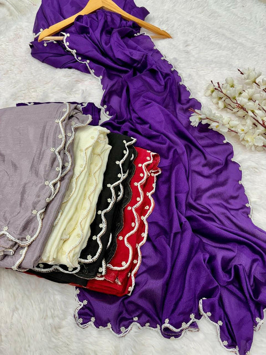 Purple Chinon Soft Saree with Bead and Stone Work, Sari for Women, Bollywood Style Sari for Special Occasion, Christmas Gift , New Year Gift