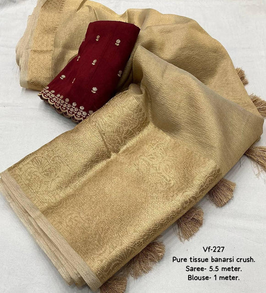 Golden & Maroon Pure Tissue Banarasi Crush Saree | Elegant Wedding Wear Saree | Traditional Indian Saree for Festive and  Special Occasions