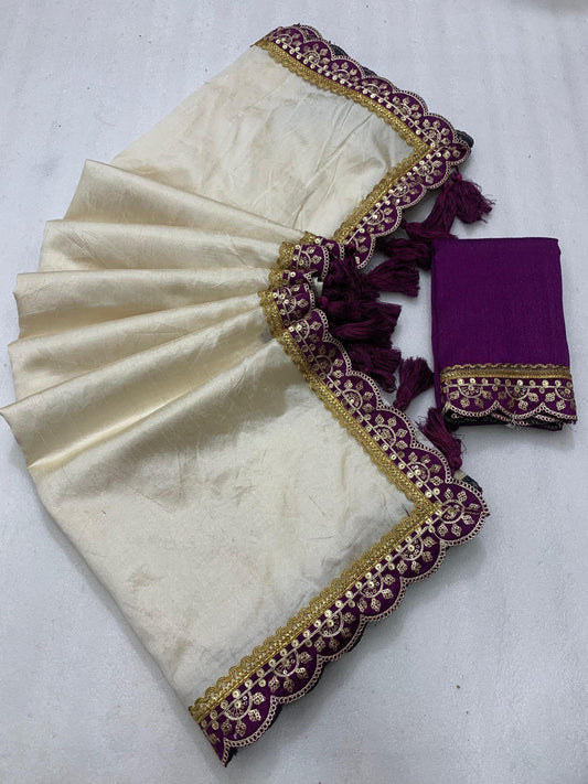 Soft Tussar Silk Purple & Off-White Saree with EMBROIDERY, Lace Border and Cutwork | TASSELS on Pallu FREE Matching Elegant Party Wear Sari