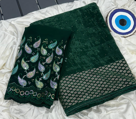 Green Georgette Smoke Print Saree Foil Work & Tone to Tone Heavy Sequence Embroidery Blouse | Party Wear Saree | Traditional Indian Sari