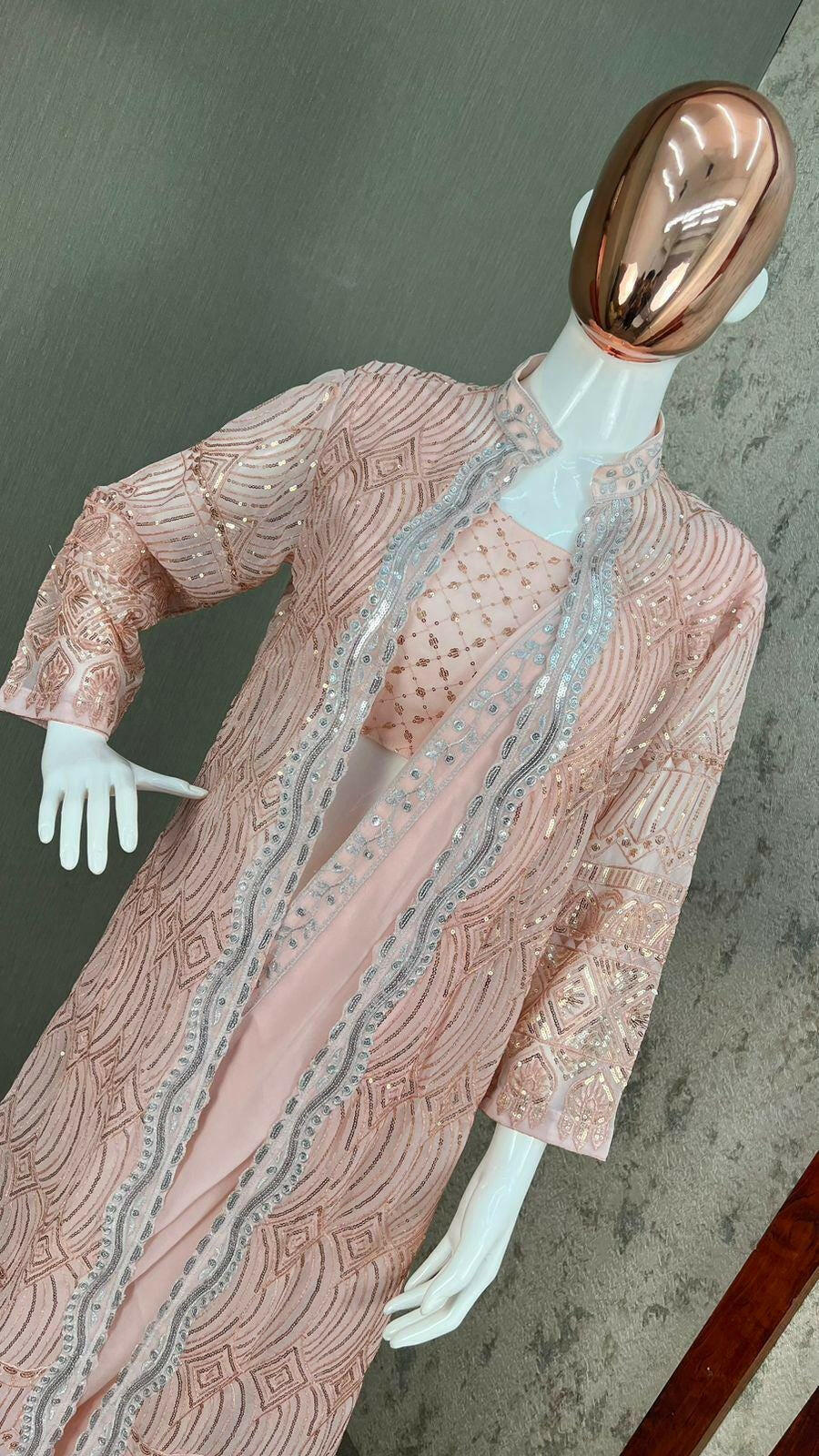 Peach Designer Lehenga Saree with Heavy Sequence Work | Georgette Saree with Embroidered Shrug & Unstitched Blouse | Best Christmas Gift